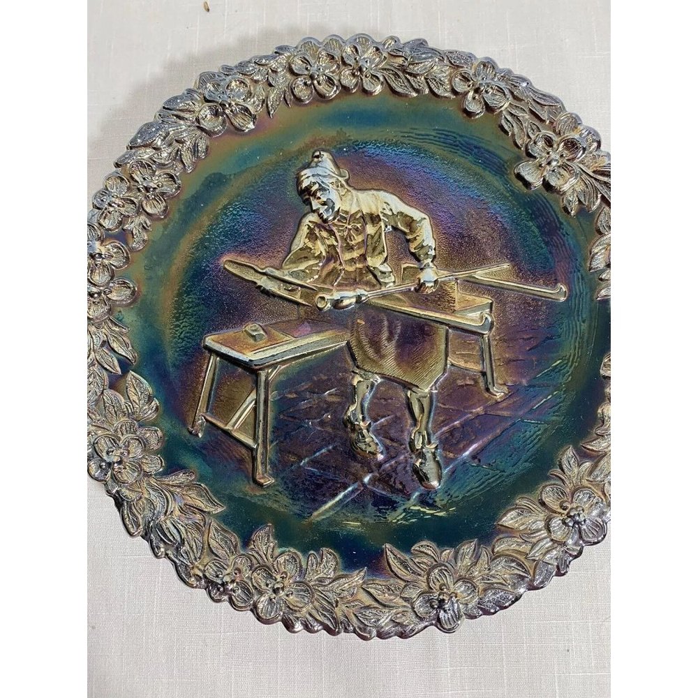 Fenton 1970 No.1 Carnival Blue Glass Blower Collectible  Jamestown 1608 plate